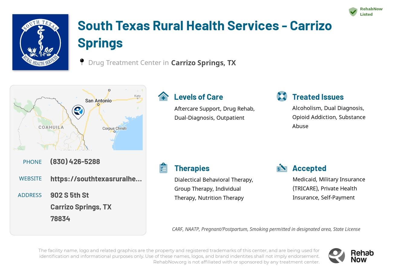 Helpful reference information for South Texas Rural Health Services  - Carrizo Springs, a drug treatment center in Texas located at: 902 S 5th St, Carrizo Springs, TX 78834, including phone numbers, official website, and more. Listed briefly is an overview of Levels of Care, Therapies Offered, Issues Treated, and accepted forms of Payment Methods.