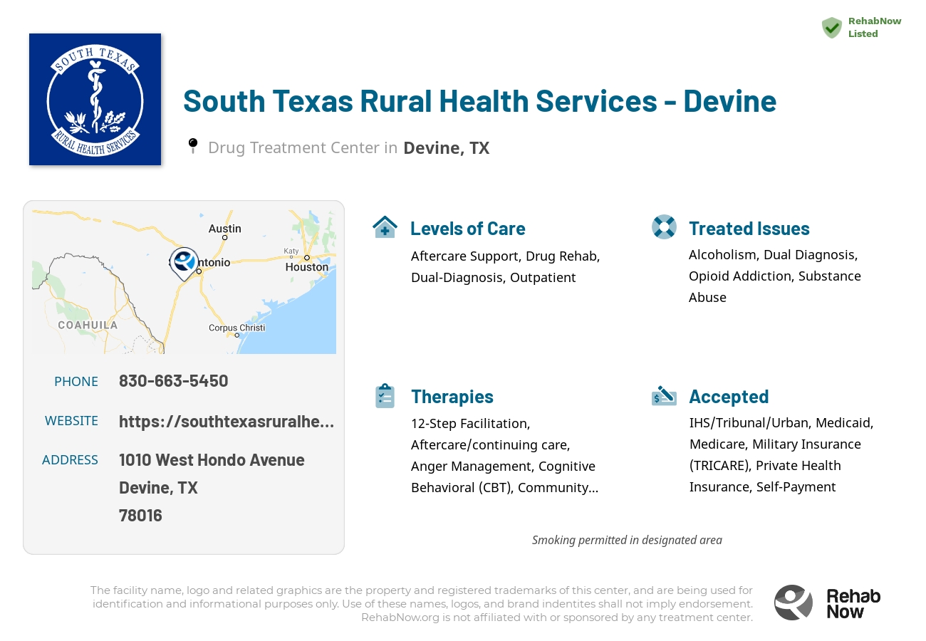 Helpful reference information for South Texas Rural Health Services - Devine, a drug treatment center in Texas located at: 1010 West Hondo Avenue, Devine, TX, 78016, including phone numbers, official website, and more. Listed briefly is an overview of Levels of Care, Therapies Offered, Issues Treated, and accepted forms of Payment Methods.