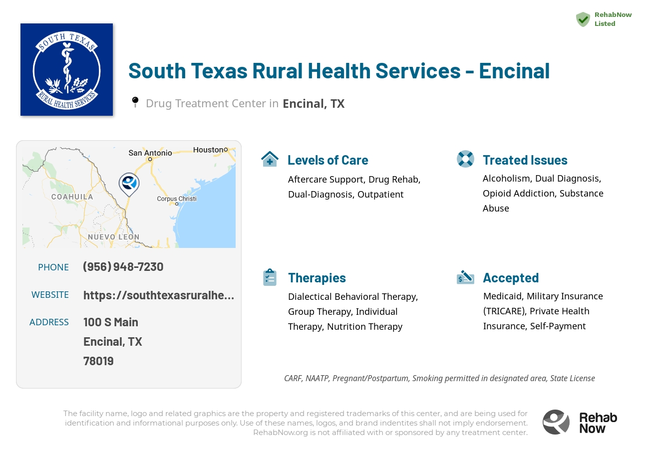 Helpful reference information for South Texas Rural Health Services  - Encinal, a drug treatment center in Texas located at: 100 S Main, Encinal, TX 78019, including phone numbers, official website, and more. Listed briefly is an overview of Levels of Care, Therapies Offered, Issues Treated, and accepted forms of Payment Methods.