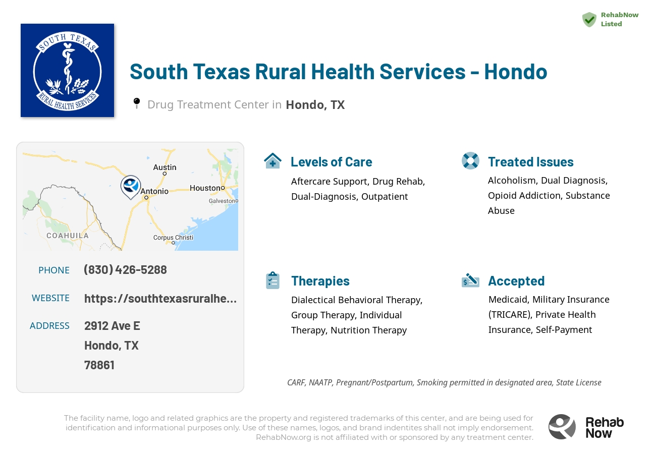 Helpful reference information for South Texas Rural Health Services  - Hondo, a drug treatment center in Texas located at: 2912 Ave E, Hondo, TX 78861, including phone numbers, official website, and more. Listed briefly is an overview of Levels of Care, Therapies Offered, Issues Treated, and accepted forms of Payment Methods.