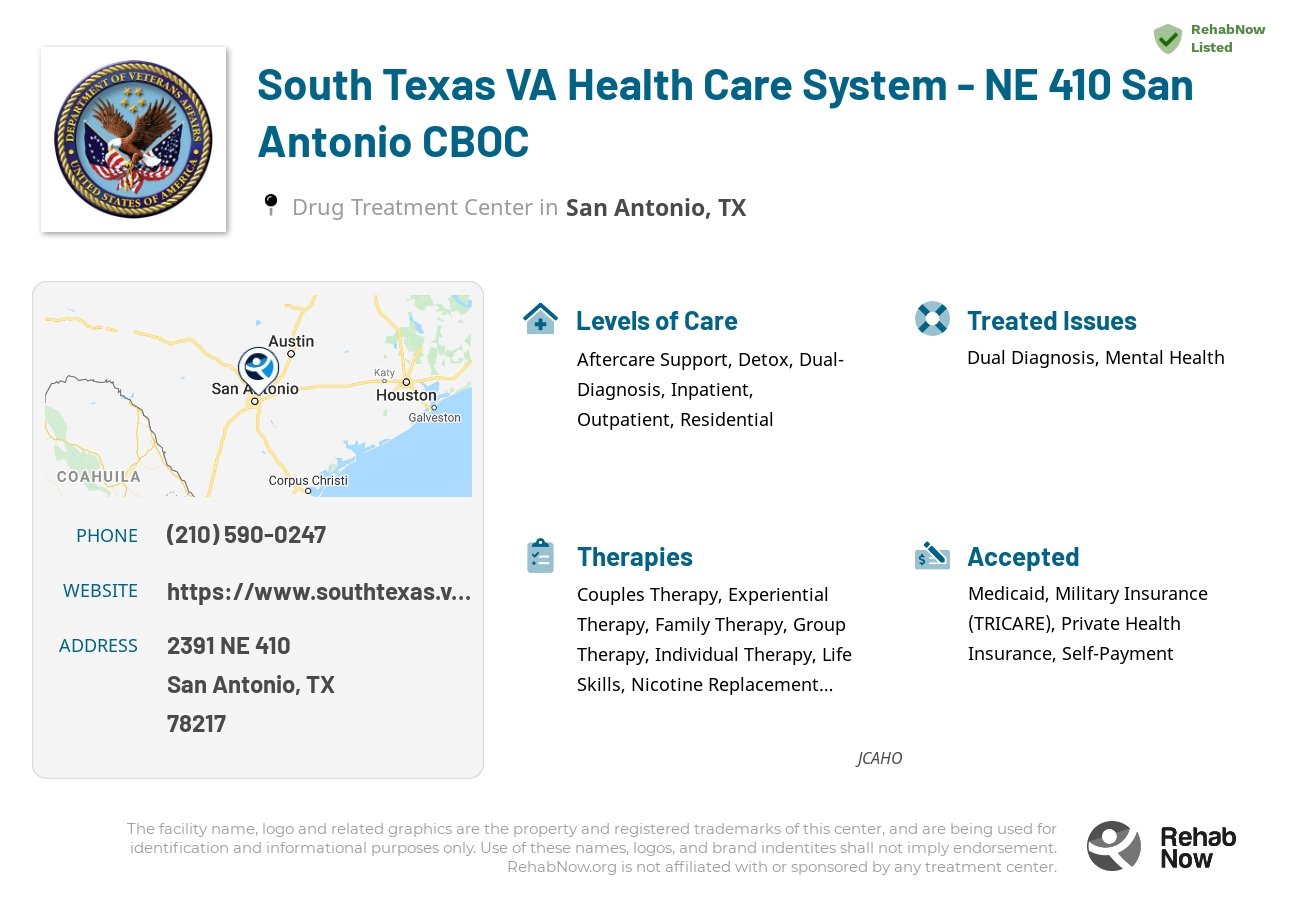 Helpful reference information for South Texas VA Health Care System - NE 410 San Antonio CBOC, a drug treatment center in Texas located at: 2391 NE 410, San Antonio, TX 78217, including phone numbers, official website, and more. Listed briefly is an overview of Levels of Care, Therapies Offered, Issues Treated, and accepted forms of Payment Methods.