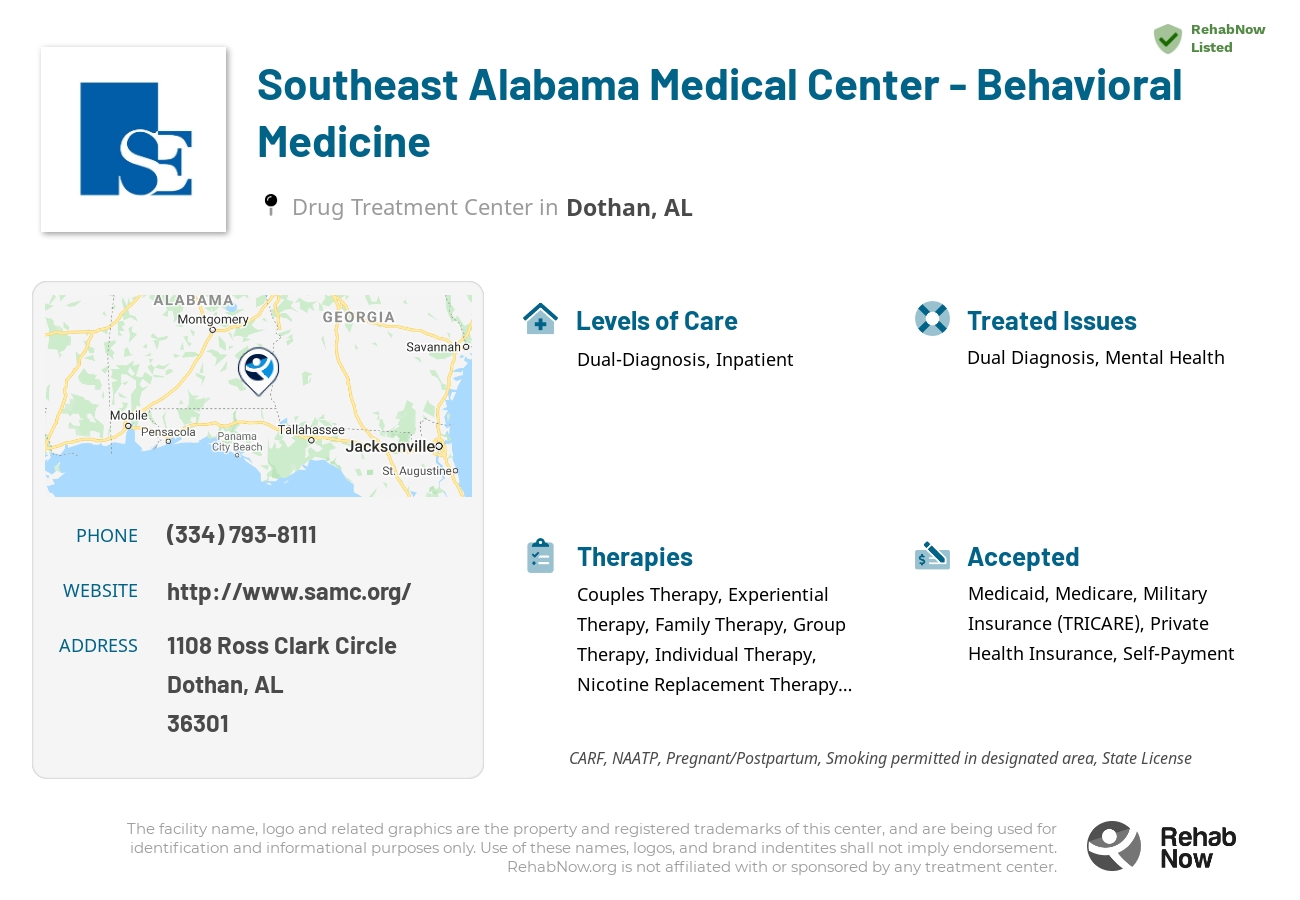Helpful reference information for Southeast Alabama Medical Center - Behavioral Medicine, a drug treatment center in Alabama located at: 1108 Ross Clark Circle, Dothan, AL, 36301, including phone numbers, official website, and more. Listed briefly is an overview of Levels of Care, Therapies Offered, Issues Treated, and accepted forms of Payment Methods.