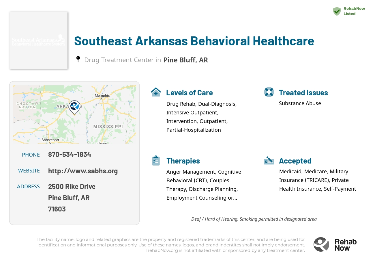 Helpful reference information for Southeast Arkansas Behavioral Healthcare, a drug treatment center in Arkansas located at: 2500 Rike Drive, Pine Bluff, AR 71603, including phone numbers, official website, and more. Listed briefly is an overview of Levels of Care, Therapies Offered, Issues Treated, and accepted forms of Payment Methods.