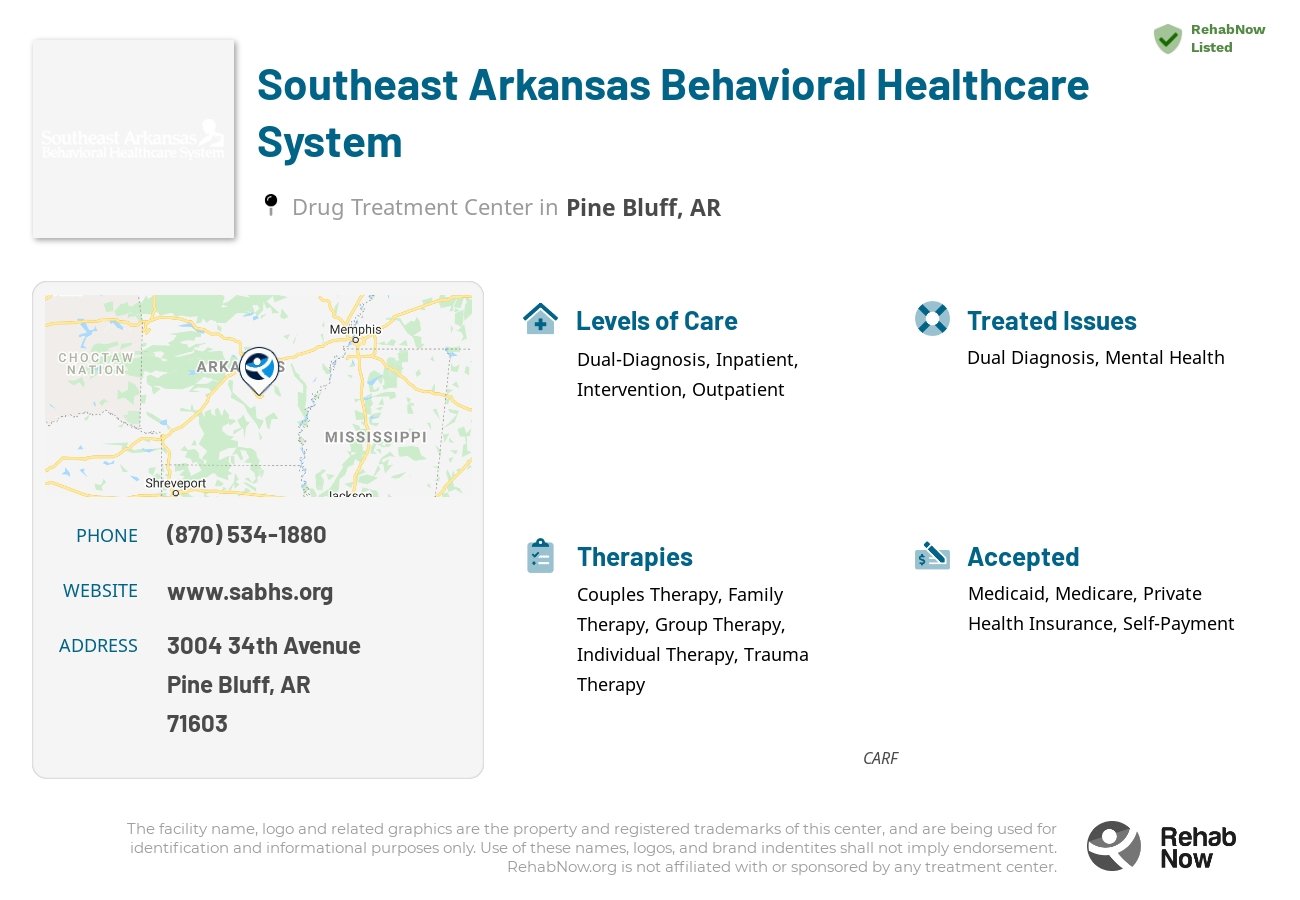 Helpful reference information for Southeast Arkansas Behavioral Healthcare System, a drug treatment center in Arkansas located at: 3004 34th Avenue, Pine Bluff, AR, 71603, including phone numbers, official website, and more. Listed briefly is an overview of Levels of Care, Therapies Offered, Issues Treated, and accepted forms of Payment Methods.