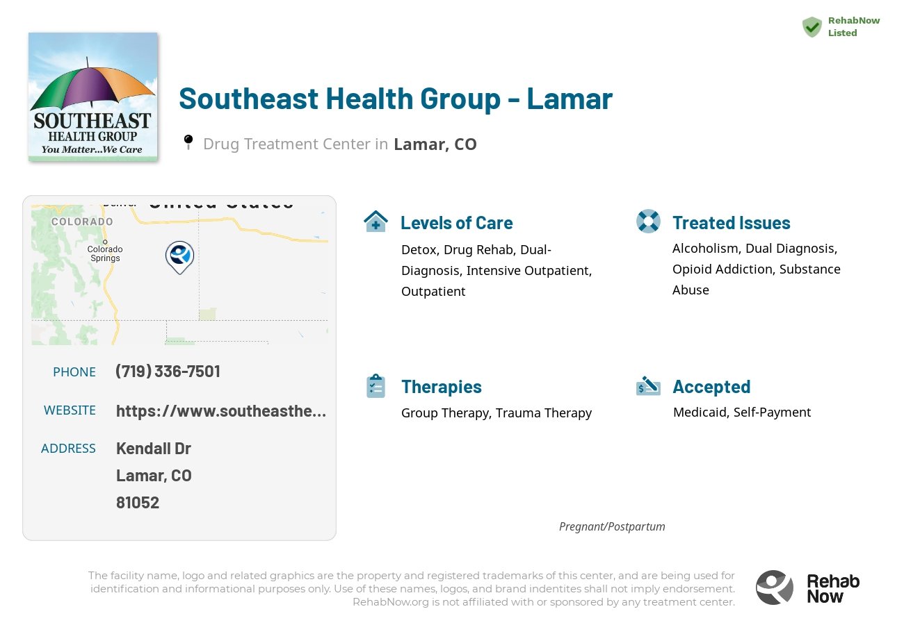 Helpful reference information for Southeast Health Group - Lamar, a drug treatment center in Colorado located at: Kendall Dr, Lamar, CO 81052, including phone numbers, official website, and more. Listed briefly is an overview of Levels of Care, Therapies Offered, Issues Treated, and accepted forms of Payment Methods.
