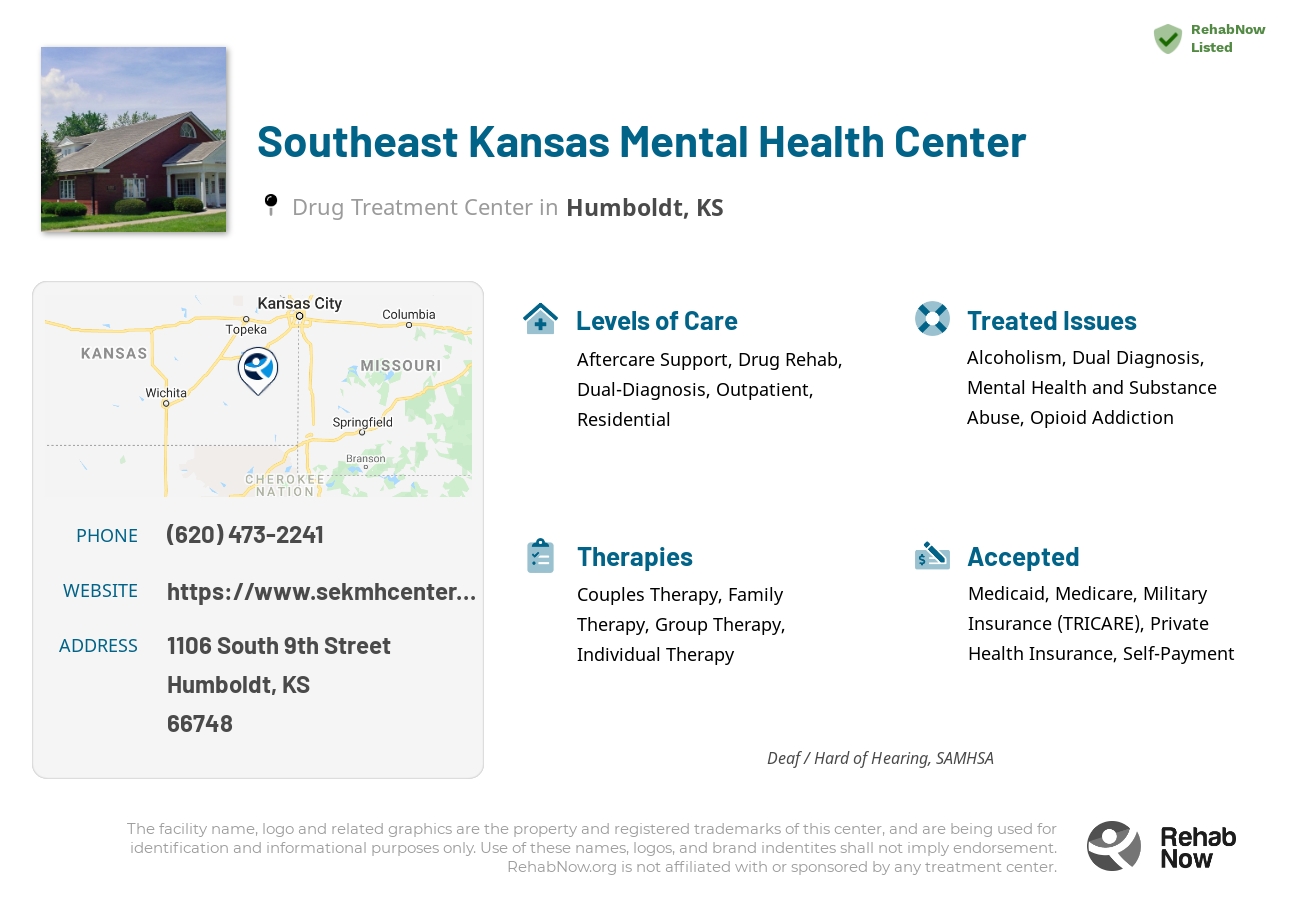 Helpful reference information for Southeast Kansas Mental Health Center, a drug treatment center in Kansas located at: 1106 South 9th Street, Humboldt, KS, 66748, including phone numbers, official website, and more. Listed briefly is an overview of Levels of Care, Therapies Offered, Issues Treated, and accepted forms of Payment Methods.