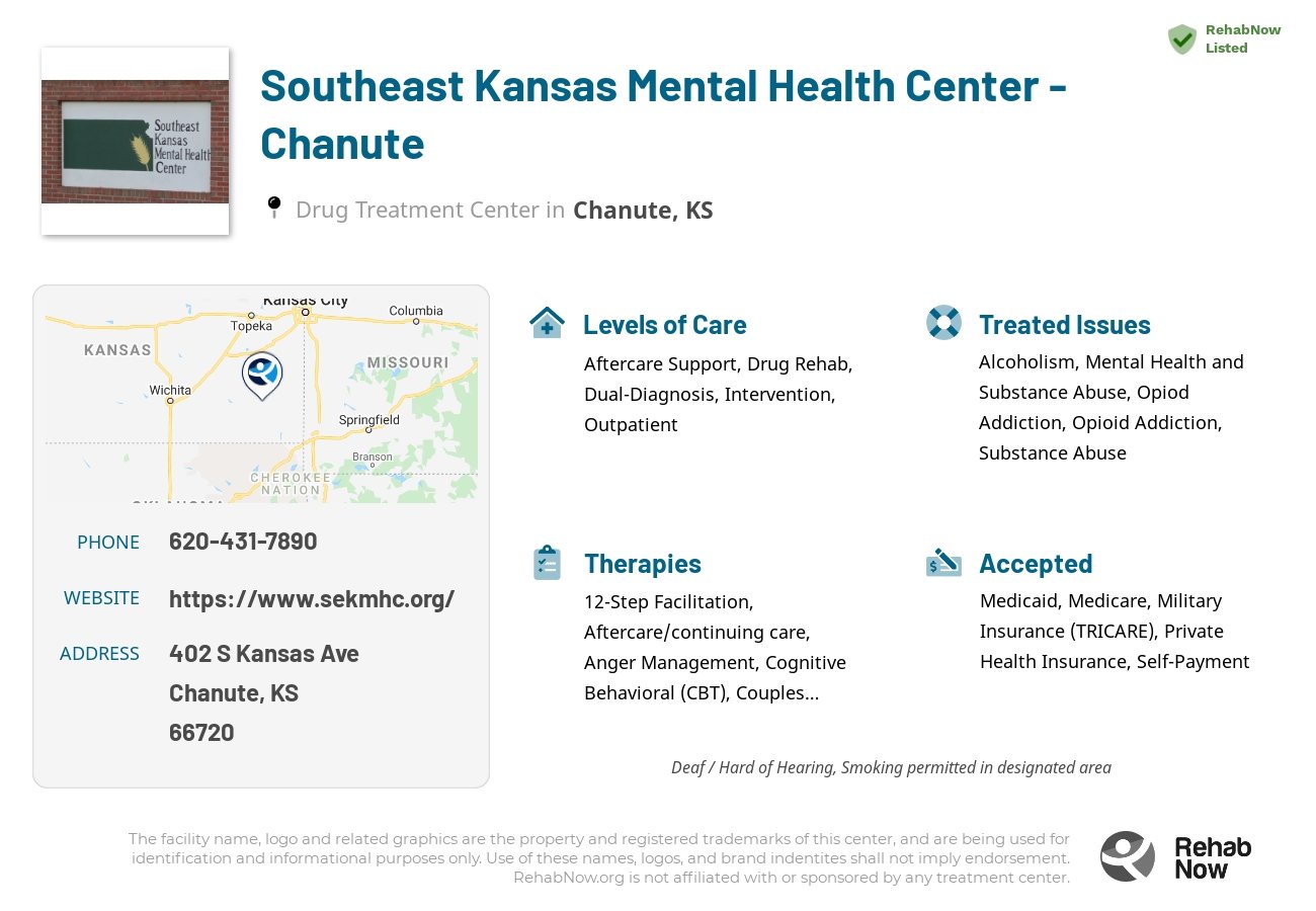 Helpful reference information for Southeast Kansas Mental Health Center - Chanute, a drug treatment center in Kansas located at: 402 S Kansas Ave, Chanute, KS 66720, including phone numbers, official website, and more. Listed briefly is an overview of Levels of Care, Therapies Offered, Issues Treated, and accepted forms of Payment Methods.