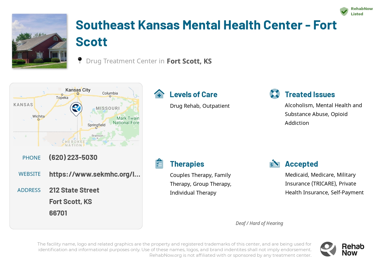 Helpful reference information for Southeast Kansas Mental Health Center - Fort Scott, a drug treatment center in Kansas located at: 212 212 State Street, Fort Scott, KS 66701, including phone numbers, official website, and more. Listed briefly is an overview of Levels of Care, Therapies Offered, Issues Treated, and accepted forms of Payment Methods.