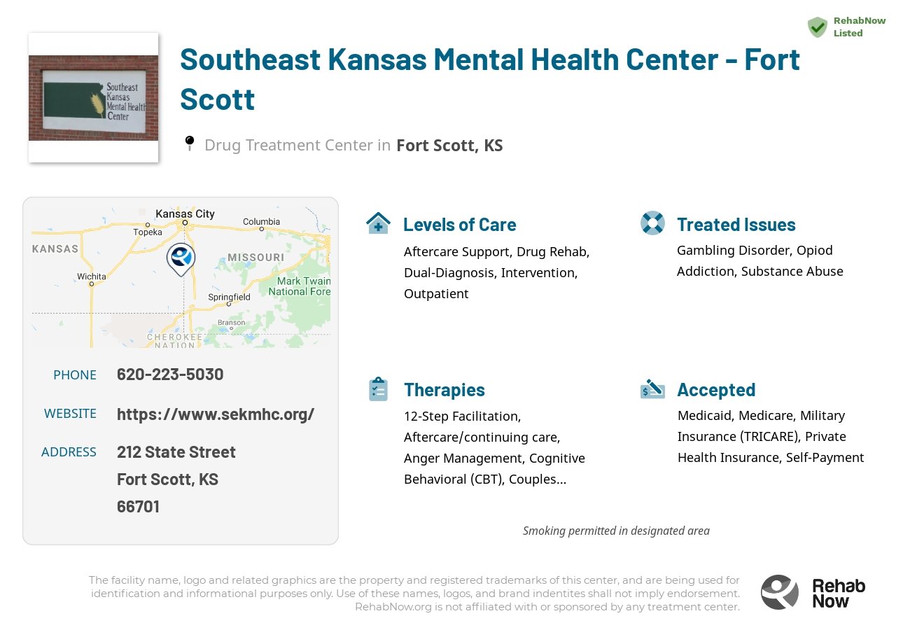 Helpful reference information for Southeast Kansas Mental Health Center - Fort Scott, a drug treatment center in Kansas located at: 212 State Street, Fort Scott, KS 66701, including phone numbers, official website, and more. Listed briefly is an overview of Levels of Care, Therapies Offered, Issues Treated, and accepted forms of Payment Methods.