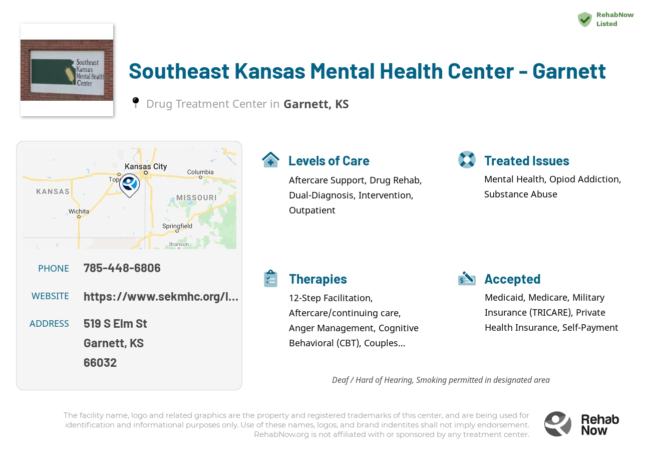 Helpful reference information for Southeast Kansas Mental Health Center - Garnett, a drug treatment center in Kansas located at: 519 S Elm St, Garnett, KS 66032, including phone numbers, official website, and more. Listed briefly is an overview of Levels of Care, Therapies Offered, Issues Treated, and accepted forms of Payment Methods.