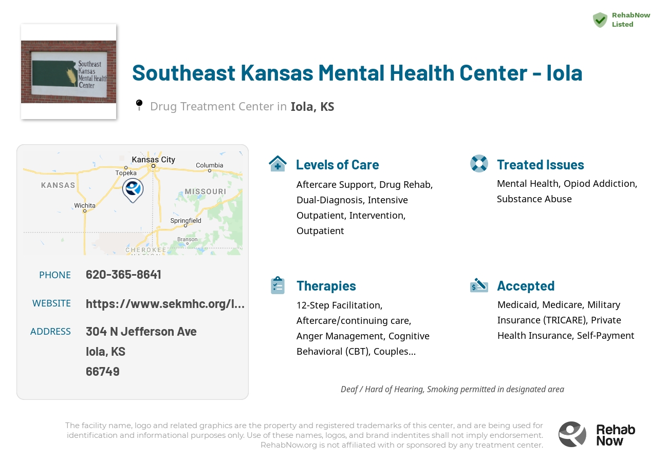 Helpful reference information for Southeast Kansas Mental Health Center - Iola, a drug treatment center in Kansas located at: 304 N Jefferson Ave, Iola, KS 66749, including phone numbers, official website, and more. Listed briefly is an overview of Levels of Care, Therapies Offered, Issues Treated, and accepted forms of Payment Methods.