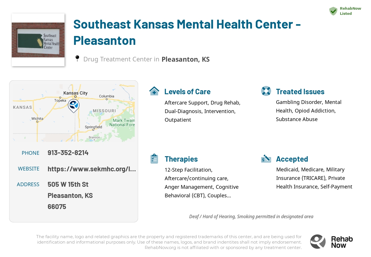 Helpful reference information for Southeast Kansas Mental Health Center - Pleasanton, a drug treatment center in Kansas located at: 505 W 15th St, Pleasanton, KS 66075, including phone numbers, official website, and more. Listed briefly is an overview of Levels of Care, Therapies Offered, Issues Treated, and accepted forms of Payment Methods.