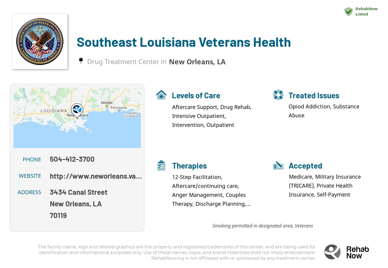 Helpful reference information for Southeast Louisiana Veterans Health, a drug treatment center in Louisiana located at: 3434 Canal Street, New Orleans, LA 70119, including phone numbers, official website, and more. Listed briefly is an overview of Levels of Care, Therapies Offered, Issues Treated, and accepted forms of Payment Methods.