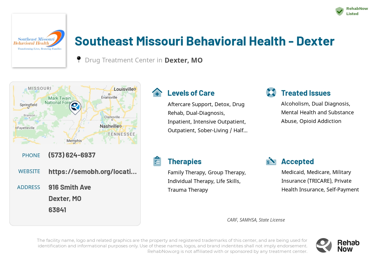 Helpful reference information for Southeast Missouri Behavioral Health - Dexter, a drug treatment center in Missouri located at: 916 Smith Ave, Dexter, MO, 63841, including phone numbers, official website, and more. Listed briefly is an overview of Levels of Care, Therapies Offered, Issues Treated, and accepted forms of Payment Methods.