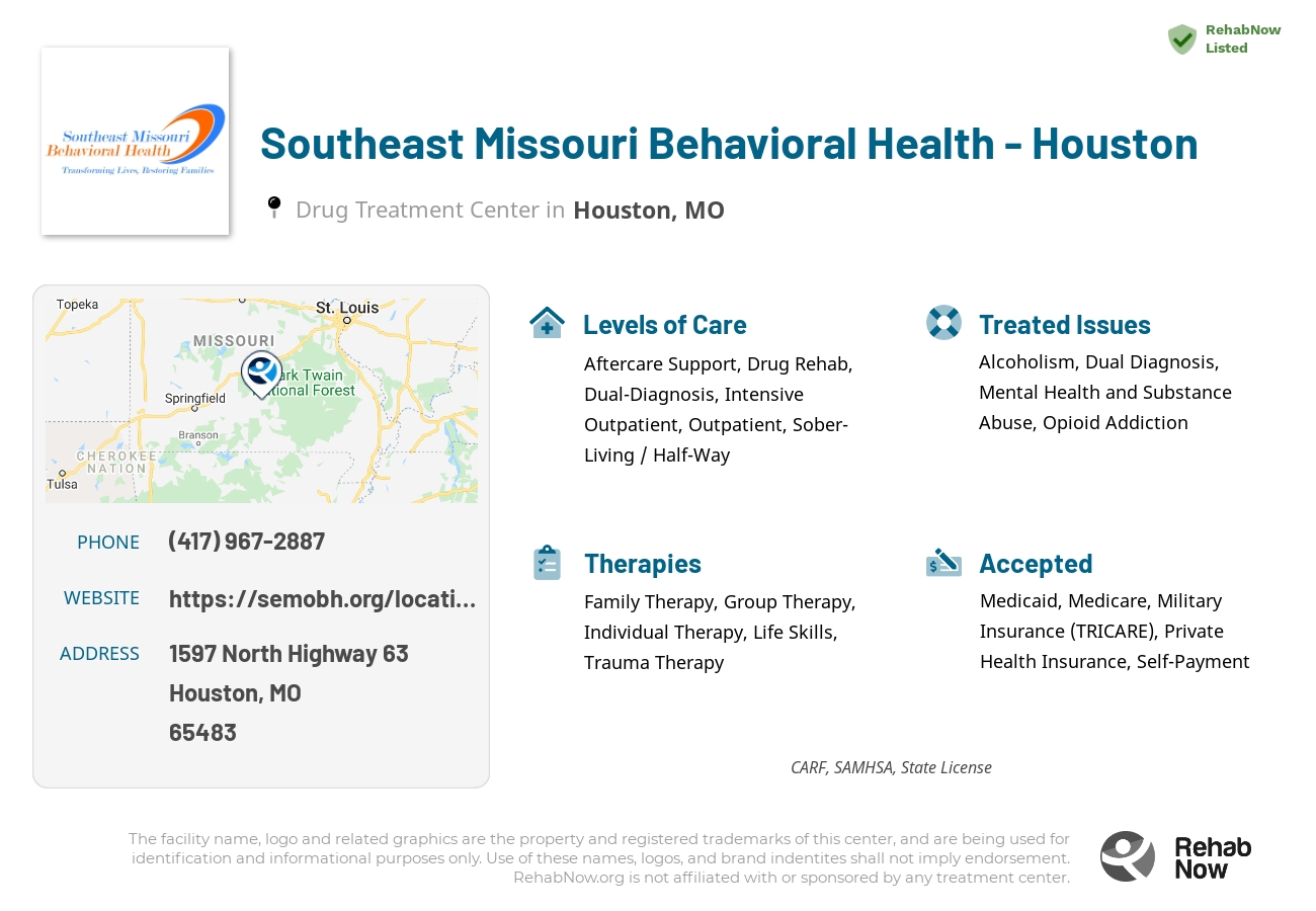 Helpful reference information for Southeast Missouri Behavioral Health - Houston, a drug treatment center in Missouri located at: 1597 North Highway 63, Houston, MO, 65483, including phone numbers, official website, and more. Listed briefly is an overview of Levels of Care, Therapies Offered, Issues Treated, and accepted forms of Payment Methods.