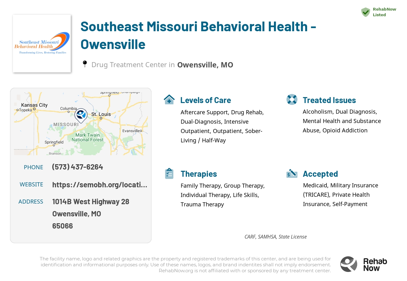 Helpful reference information for Southeast Missouri Behavioral Health - Owensville, a drug treatment center in Missouri located at: 1014B West Highway 28, Owensville, MO, 65066, including phone numbers, official website, and more. Listed briefly is an overview of Levels of Care, Therapies Offered, Issues Treated, and accepted forms of Payment Methods.