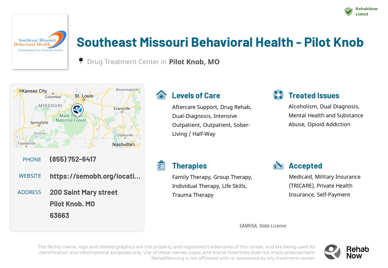 Helpful reference information for Southeast Missouri Behavioral Health - Pilot Knob, a drug treatment center in Missouri located at: 200 Saint Mary street, Pilot Knob, MO, 63663, including phone numbers, official website, and more. Listed briefly is an overview of Levels of Care, Therapies Offered, Issues Treated, and accepted forms of Payment Methods.