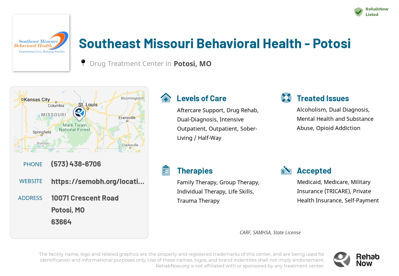 Helpful reference information for Southeast Missouri Behavioral Health - Potosi, a drug treatment center in Missouri located at: 10071 Crescent Road, Potosi, MO, 63664, including phone numbers, official website, and more. Listed briefly is an overview of Levels of Care, Therapies Offered, Issues Treated, and accepted forms of Payment Methods.