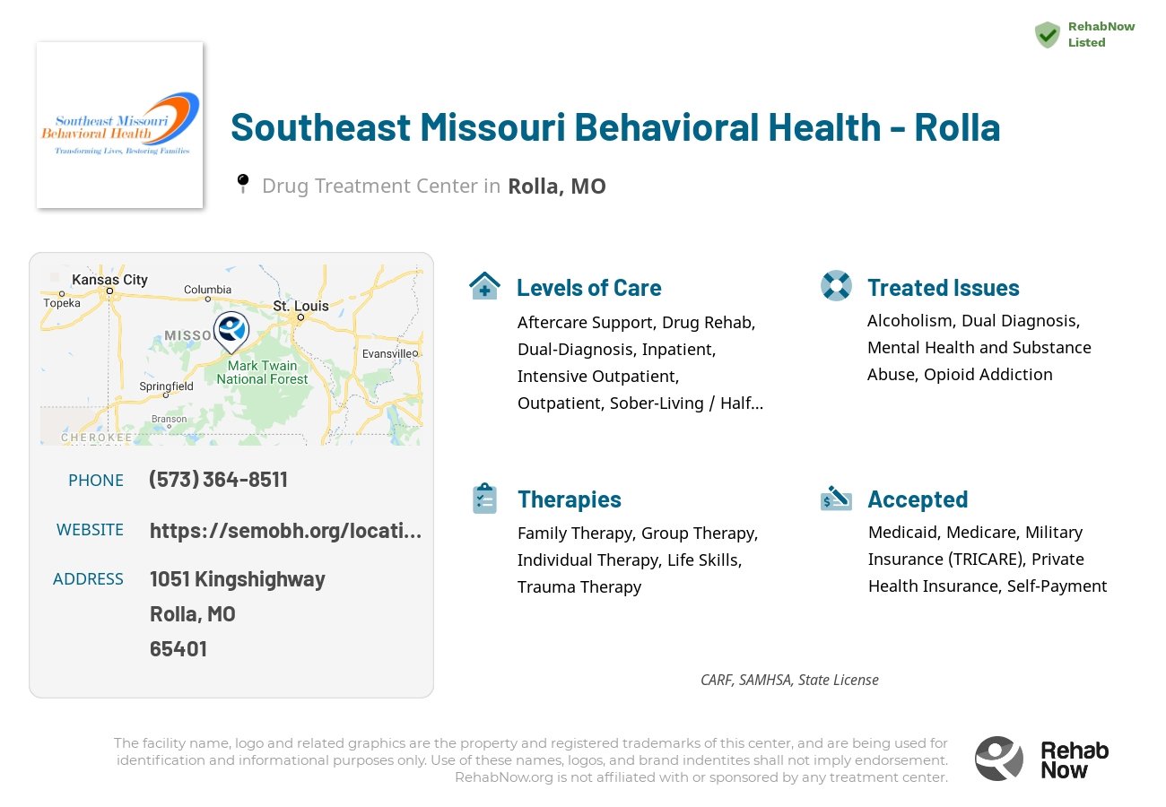Helpful reference information for Southeast Missouri Behavioral Health - Rolla, a drug treatment center in Missouri located at: 1051 Kingshighway, Rolla, MO, 65401, including phone numbers, official website, and more. Listed briefly is an overview of Levels of Care, Therapies Offered, Issues Treated, and accepted forms of Payment Methods.