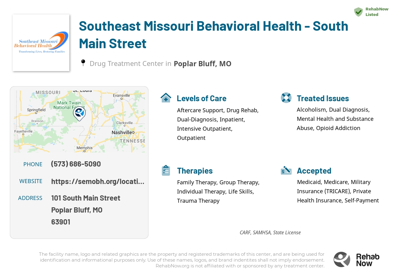 Helpful reference information for Southeast Missouri Behavioral Health - South Main Street, a drug treatment center in Missouri located at: 101 South Main Street, Poplar Bluff, MO, 63901, including phone numbers, official website, and more. Listed briefly is an overview of Levels of Care, Therapies Offered, Issues Treated, and accepted forms of Payment Methods.