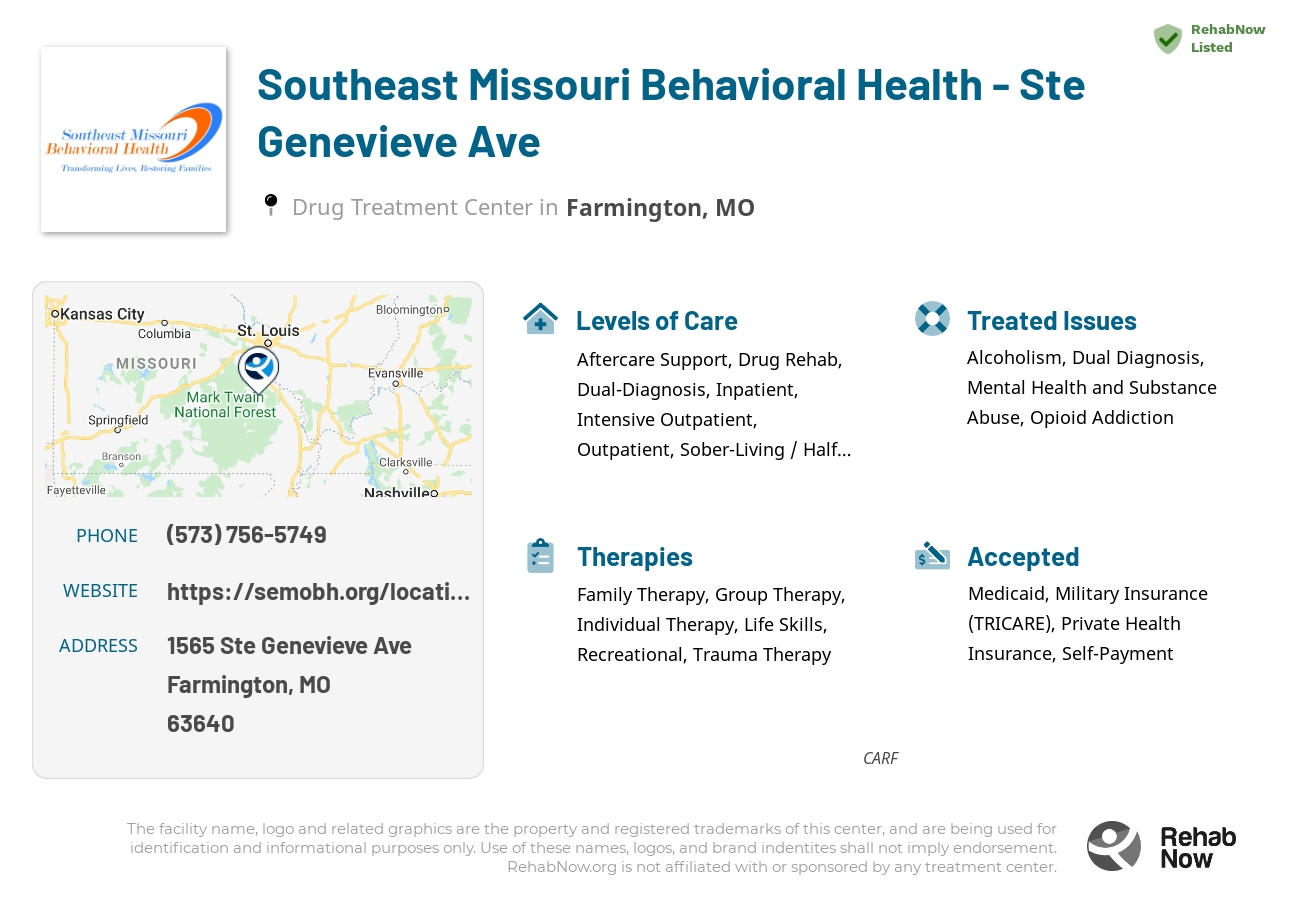 Helpful reference information for Southeast Missouri Behavioral Health - Ste Genevieve Ave, a drug treatment center in Missouri located at: 1565 Ste Genevieve Ave, Farmington, MO, 63640, including phone numbers, official website, and more. Listed briefly is an overview of Levels of Care, Therapies Offered, Issues Treated, and accepted forms of Payment Methods.