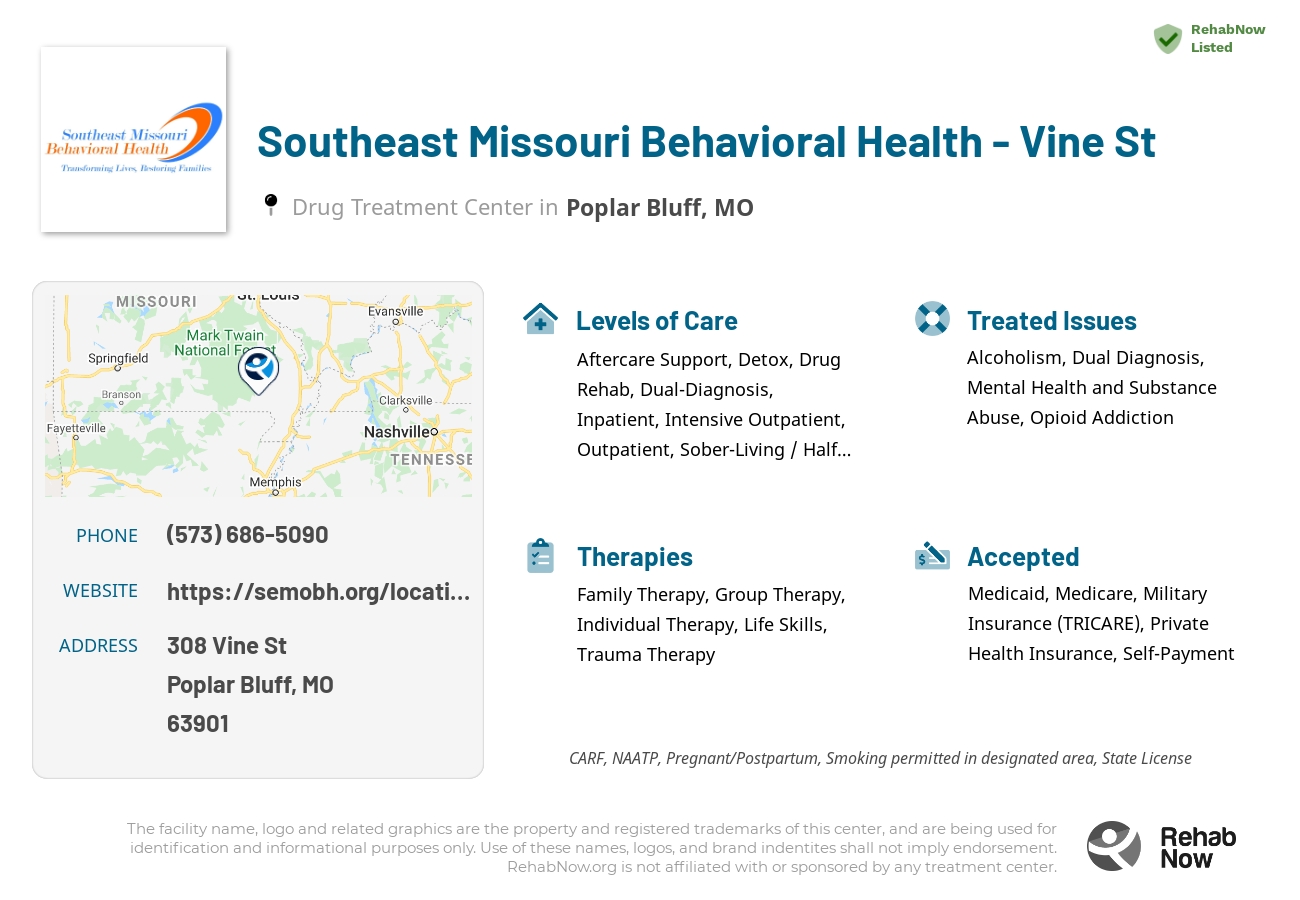Helpful reference information for Southeast Missouri Behavioral Health - Vine St, a drug treatment center in Missouri located at: 308 Vine St, Poplar Bluff, MO, 63901, including phone numbers, official website, and more. Listed briefly is an overview of Levels of Care, Therapies Offered, Issues Treated, and accepted forms of Payment Methods.