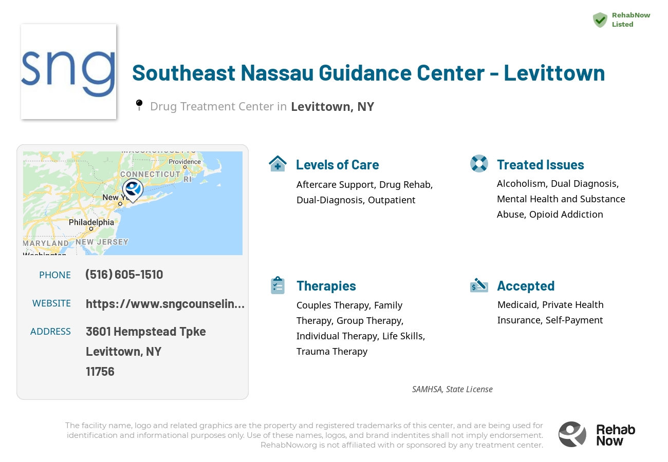 Helpful reference information for Southeast Nassau Guidance Center - Levittown, a drug treatment center in New York located at: 3601 Hempstead Tpke, Levittown, NY 11756, including phone numbers, official website, and more. Listed briefly is an overview of Levels of Care, Therapies Offered, Issues Treated, and accepted forms of Payment Methods.
