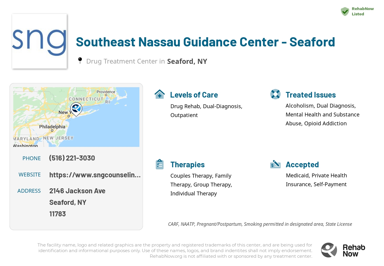 Helpful reference information for Southeast Nassau Guidance Center - Seaford, a drug treatment center in New York located at: 2146 Jackson Ave, Seaford, NY 11783, including phone numbers, official website, and more. Listed briefly is an overview of Levels of Care, Therapies Offered, Issues Treated, and accepted forms of Payment Methods.