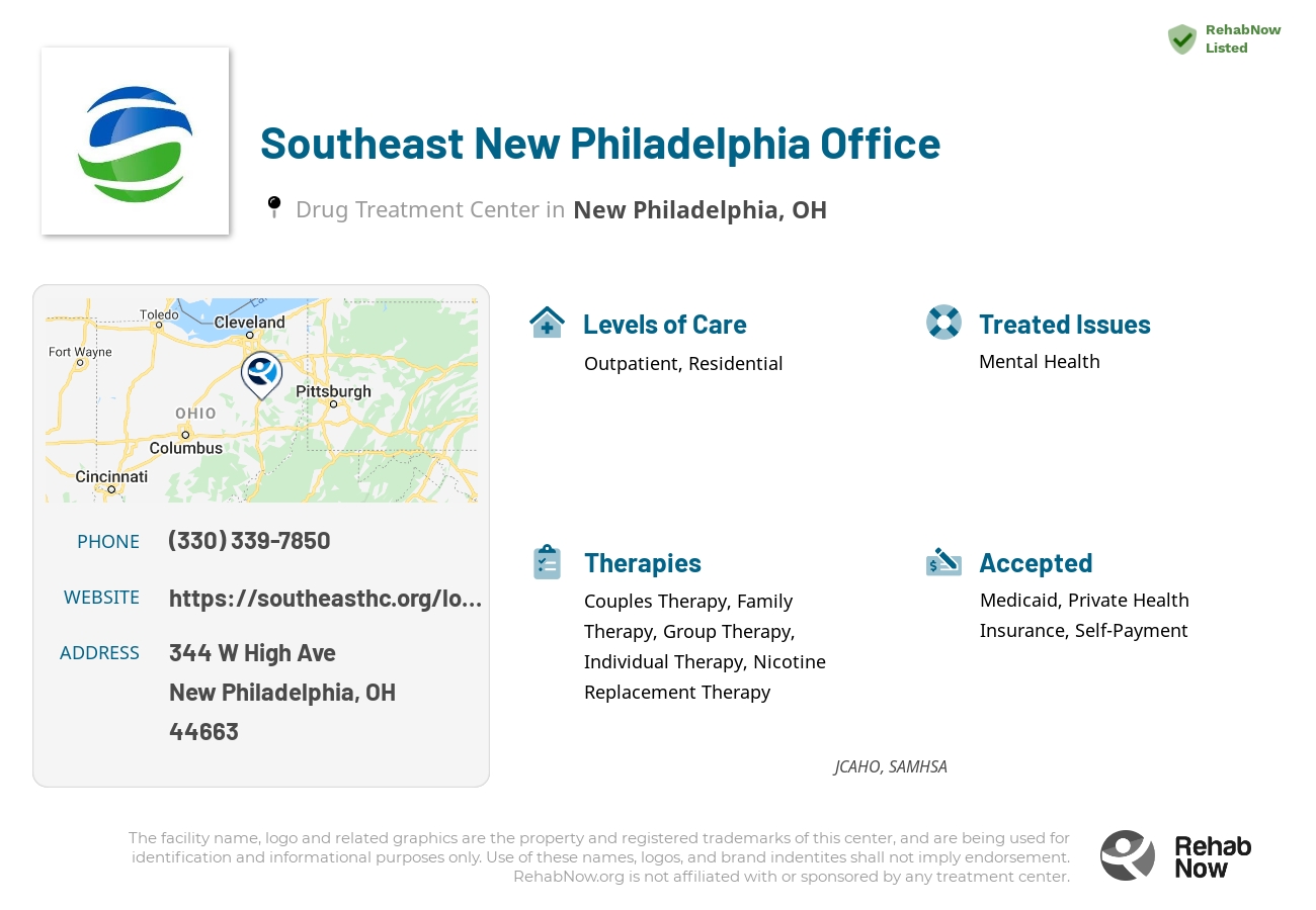 Helpful reference information for Southeast New Philadelphia Office, a drug treatment center in Ohio located at: 344 W High Ave, New Philadelphia, OH 44663, including phone numbers, official website, and more. Listed briefly is an overview of Levels of Care, Therapies Offered, Issues Treated, and accepted forms of Payment Methods.