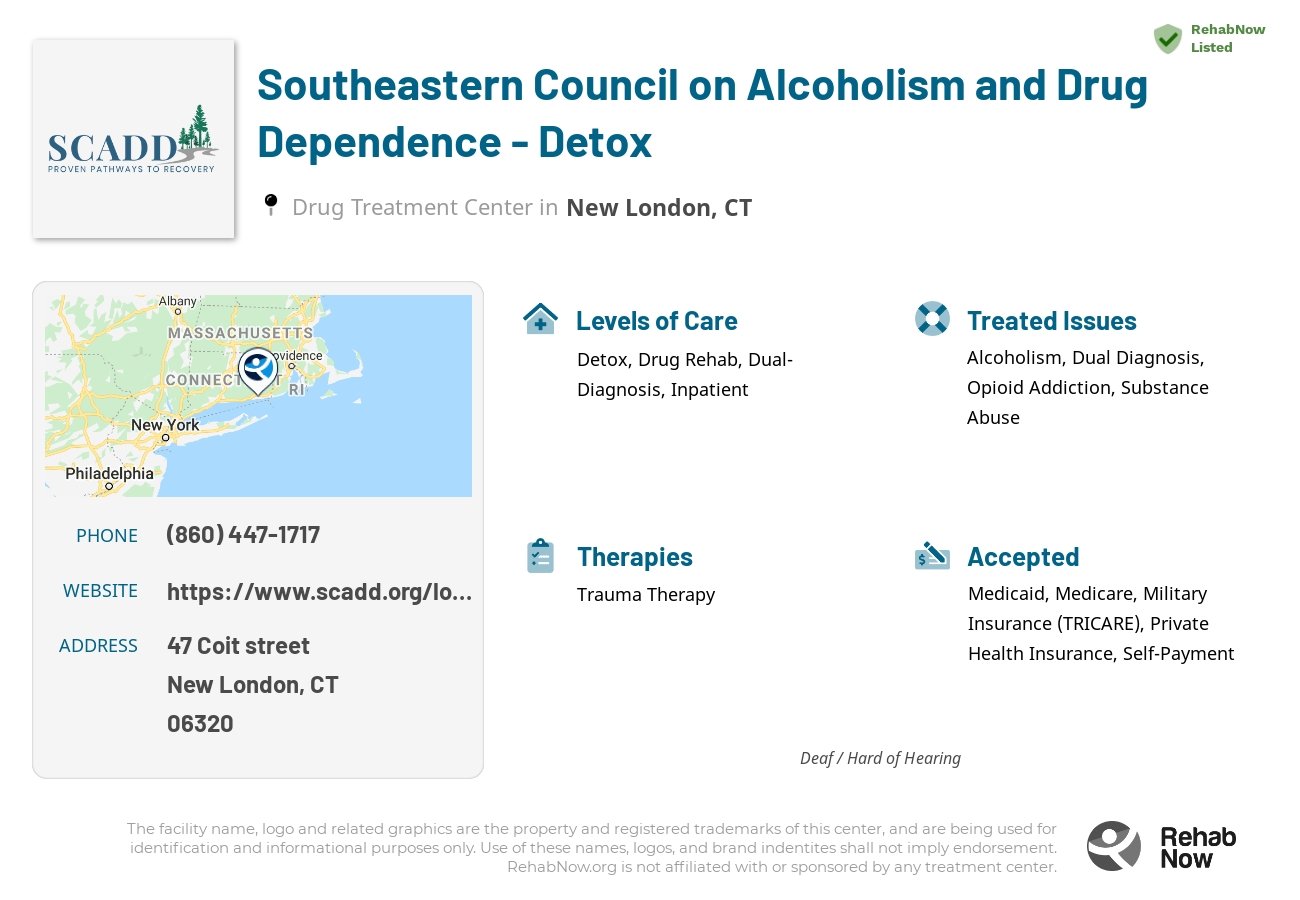 Helpful reference information for Southeastern Council on Alcoholism and Drug Dependence - Detox, a drug treatment center in Connecticut located at: 47 Coit street, New London, CT, 06320, including phone numbers, official website, and more. Listed briefly is an overview of Levels of Care, Therapies Offered, Issues Treated, and accepted forms of Payment Methods.