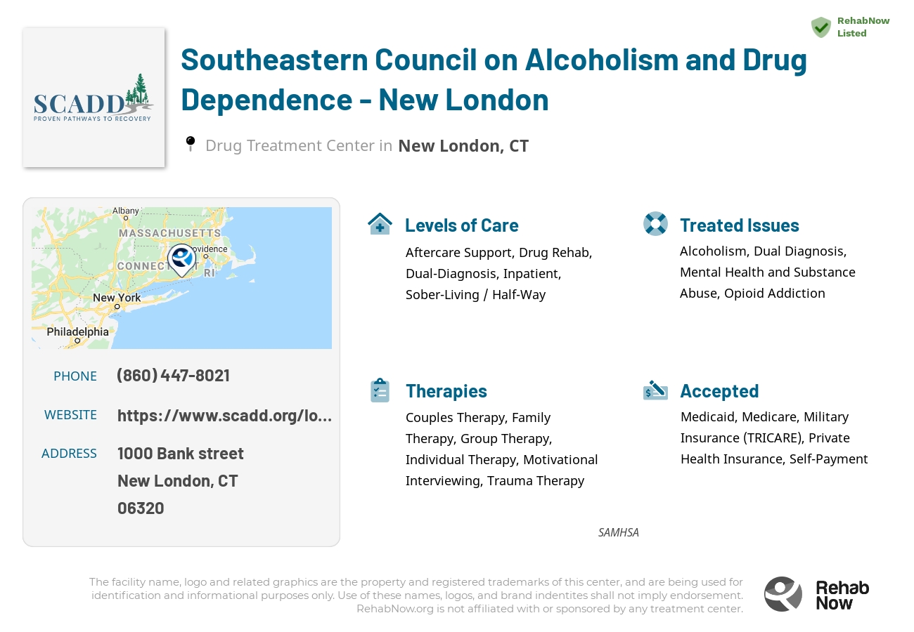Helpful reference information for Southeastern Council on Alcoholism and Drug Dependence - New London, a drug treatment center in Connecticut located at: 1000 Bank street, New London, CT, 06320, including phone numbers, official website, and more. Listed briefly is an overview of Levels of Care, Therapies Offered, Issues Treated, and accepted forms of Payment Methods.