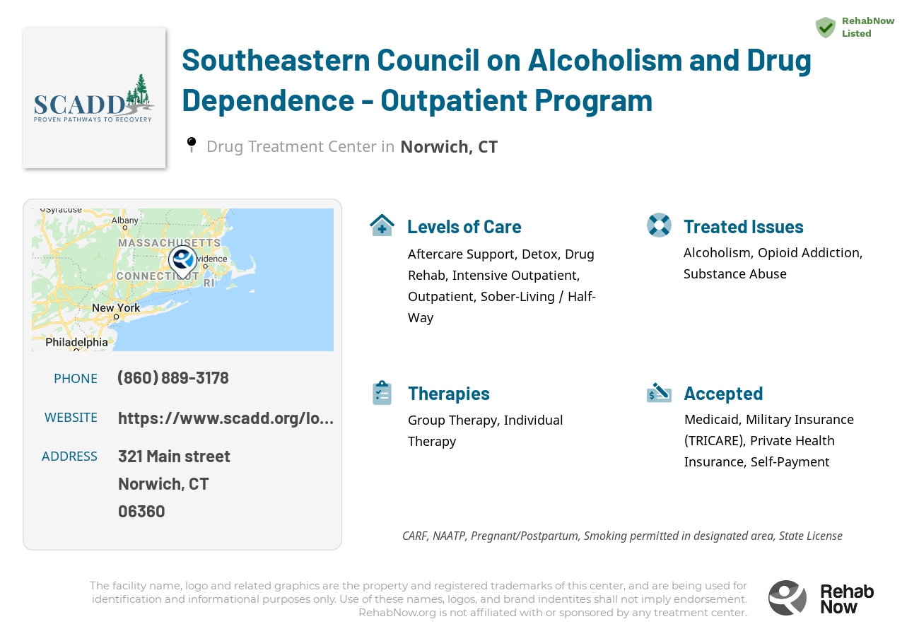 Helpful reference information for Southeastern Council on Alcoholism and Drug Dependence - Outpatient Program, a drug treatment center in Connecticut located at: 321 Main street, Norwich, CT, 06360, including phone numbers, official website, and more. Listed briefly is an overview of Levels of Care, Therapies Offered, Issues Treated, and accepted forms of Payment Methods.