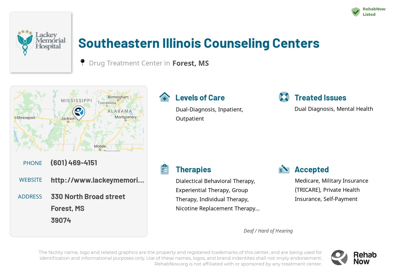 Helpful reference information for Southeastern Illinois Counseling Centers, a drug treatment center in Mississippi located at: 330 330 North Broad street, Forest, MS 39074, including phone numbers, official website, and more. Listed briefly is an overview of Levels of Care, Therapies Offered, Issues Treated, and accepted forms of Payment Methods.