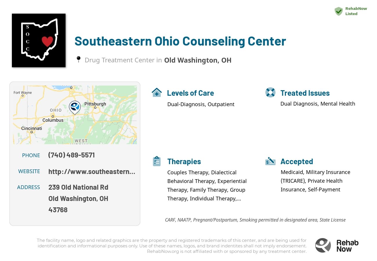 Helpful reference information for Southeastern Ohio Counseling Center, a drug treatment center in Ohio located at: 239 Old National Rd, Old Washington, OH 43768, including phone numbers, official website, and more. Listed briefly is an overview of Levels of Care, Therapies Offered, Issues Treated, and accepted forms of Payment Methods.