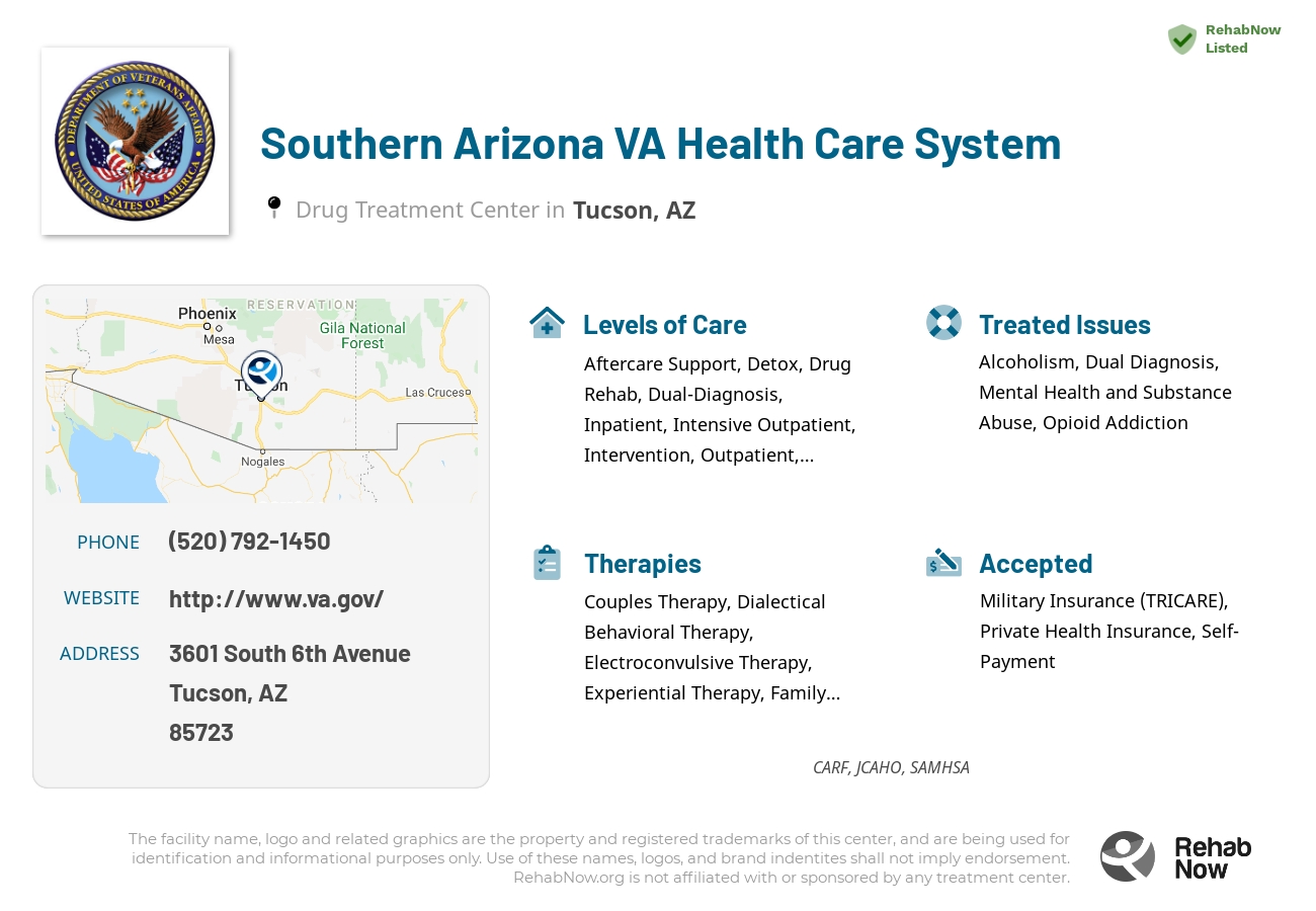 Helpful reference information for Southern Arizona VA Health Care System, a drug treatment center in Arizona located at: 3601 South 6th Avenue, Tucson, AZ, 85723, including phone numbers, official website, and more. Listed briefly is an overview of Levels of Care, Therapies Offered, Issues Treated, and accepted forms of Payment Methods.