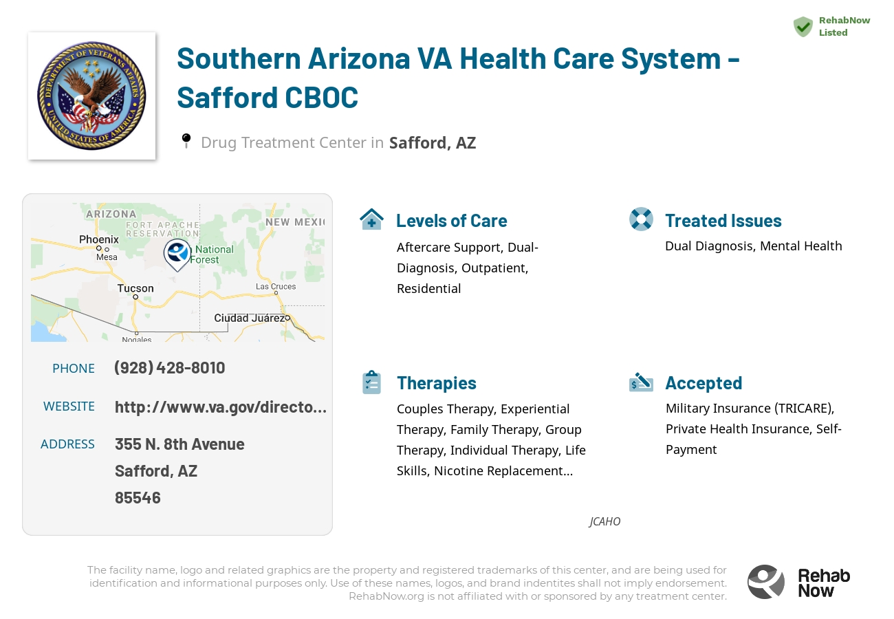 Helpful reference information for Southern Arizona VA Health Care System - Safford CBOC, a drug treatment center in Arizona located at: 355 355 N. 8th Avenue, Safford, AZ 85546, including phone numbers, official website, and more. Listed briefly is an overview of Levels of Care, Therapies Offered, Issues Treated, and accepted forms of Payment Methods.