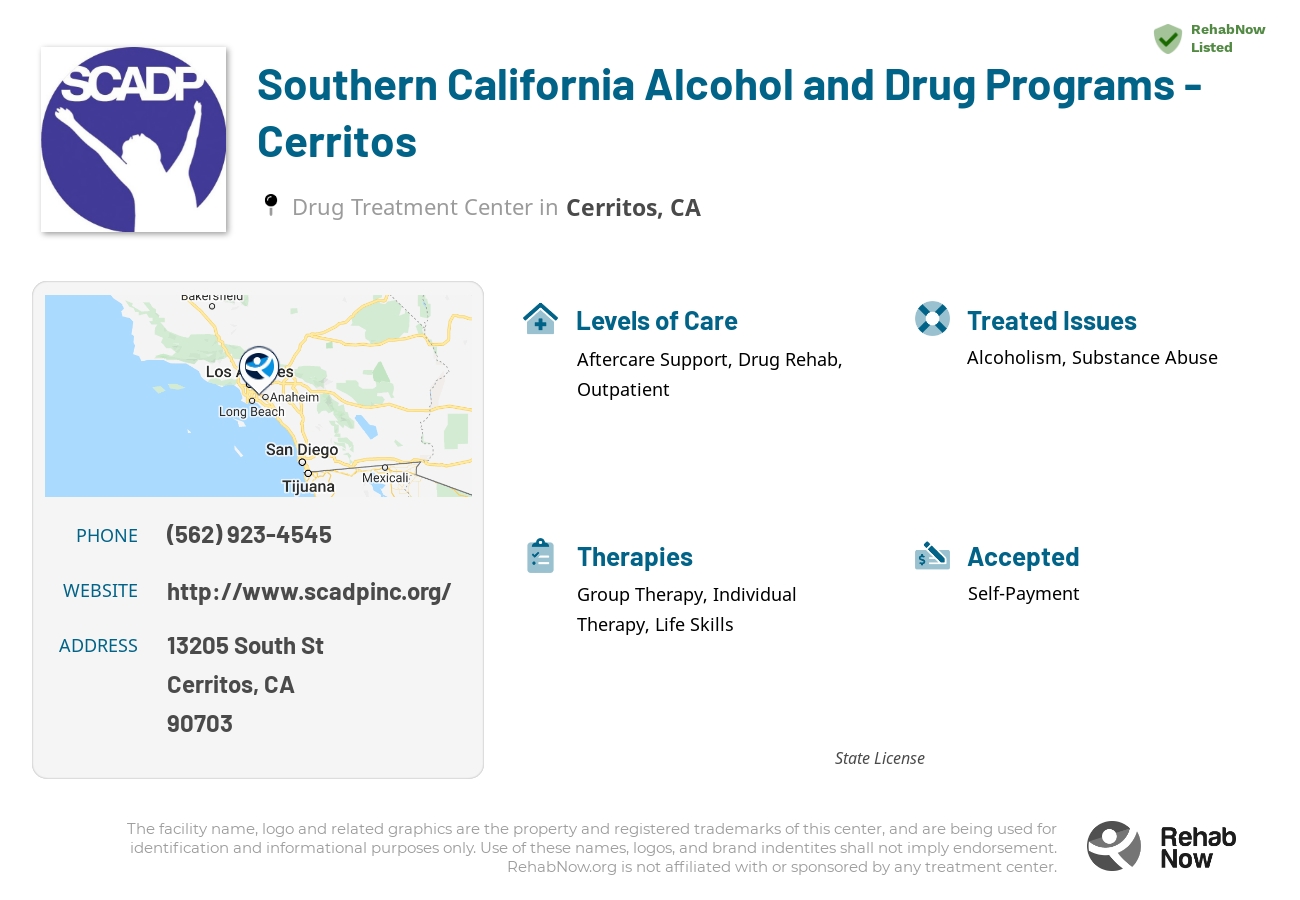 Helpful reference information for Southern California Alcohol and Drug Programs - Cerritos, a drug treatment center in California located at: 13205 South St, Cerritos, CA 90703, including phone numbers, official website, and more. Listed briefly is an overview of Levels of Care, Therapies Offered, Issues Treated, and accepted forms of Payment Methods.