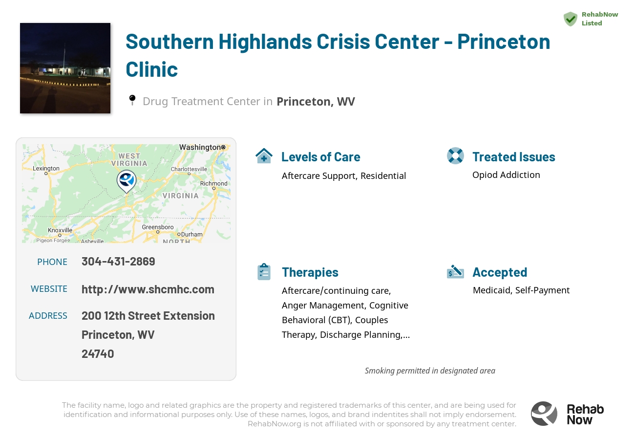 Helpful reference information for Southern Highlands Crisis Center - Princeton Clinic, a drug treatment center in West Virginia located at: 200 12th Street Extension, Princeton, WV 24740, including phone numbers, official website, and more. Listed briefly is an overview of Levels of Care, Therapies Offered, Issues Treated, and accepted forms of Payment Methods.