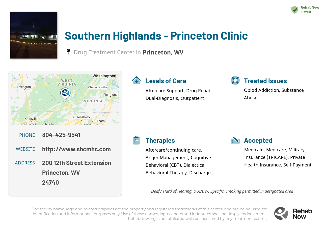 Helpful reference information for Southern Highlands - Princeton Clinic, a drug treatment center in West Virginia located at: 200 12th Street Extension, Princeton, WV 24740, including phone numbers, official website, and more. Listed briefly is an overview of Levels of Care, Therapies Offered, Issues Treated, and accepted forms of Payment Methods.