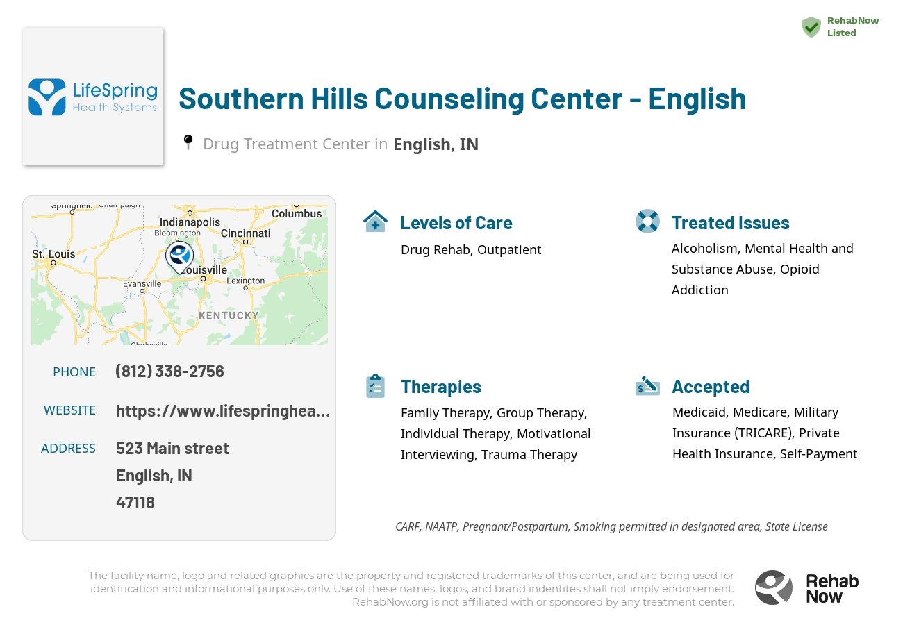 Helpful reference information for Southern Hills Counseling Center - English, a drug treatment center in Indiana located at: 523 Main street, English, IN, 47118, including phone numbers, official website, and more. Listed briefly is an overview of Levels of Care, Therapies Offered, Issues Treated, and accepted forms of Payment Methods.