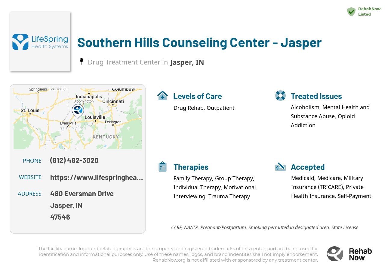 Helpful reference information for Southern Hills Counseling Center - Jasper, a drug treatment center in Indiana located at: 480 Eversman Drive, Jasper, IN, 47546, including phone numbers, official website, and more. Listed briefly is an overview of Levels of Care, Therapies Offered, Issues Treated, and accepted forms of Payment Methods.