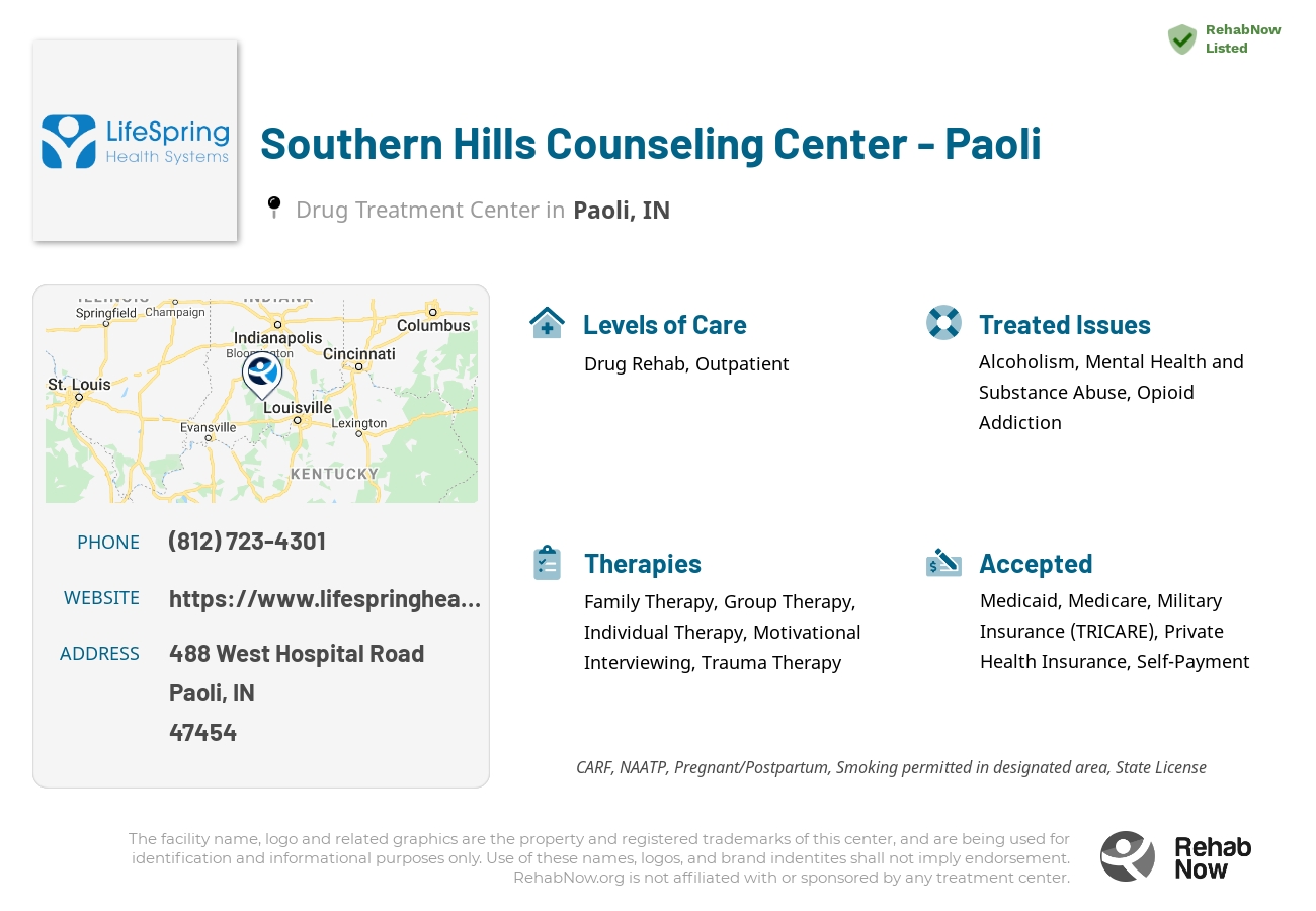 Helpful reference information for Southern Hills Counseling Center - Paoli, a drug treatment center in Indiana located at: 488 West Hospital Road, Paoli, IN, 47454, including phone numbers, official website, and more. Listed briefly is an overview of Levels of Care, Therapies Offered, Issues Treated, and accepted forms of Payment Methods.