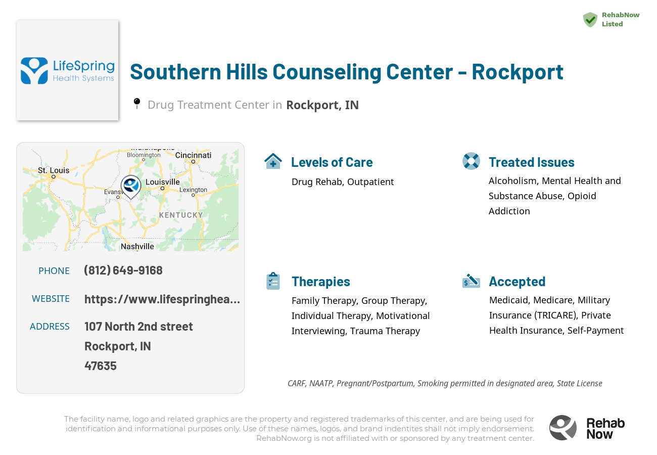 Helpful reference information for Southern Hills Counseling Center - Rockport, a drug treatment center in Indiana located at: 107 North 2nd street, Rockport, IN, 47635, including phone numbers, official website, and more. Listed briefly is an overview of Levels of Care, Therapies Offered, Issues Treated, and accepted forms of Payment Methods.