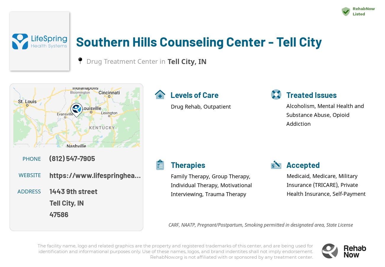 Helpful reference information for Southern Hills Counseling Center - Tell City, a drug treatment center in Indiana located at: 1443 9th street, Tell City, IN, 47586, including phone numbers, official website, and more. Listed briefly is an overview of Levels of Care, Therapies Offered, Issues Treated, and accepted forms of Payment Methods.