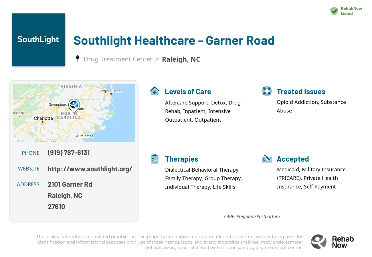 Helpful reference information for Southlight Healthcare - Garner Road, a drug treatment center in North Carolina located at: 2101 Garner Rd, Raleigh, NC 27610, including phone numbers, official website, and more. Listed briefly is an overview of Levels of Care, Therapies Offered, Issues Treated, and accepted forms of Payment Methods.