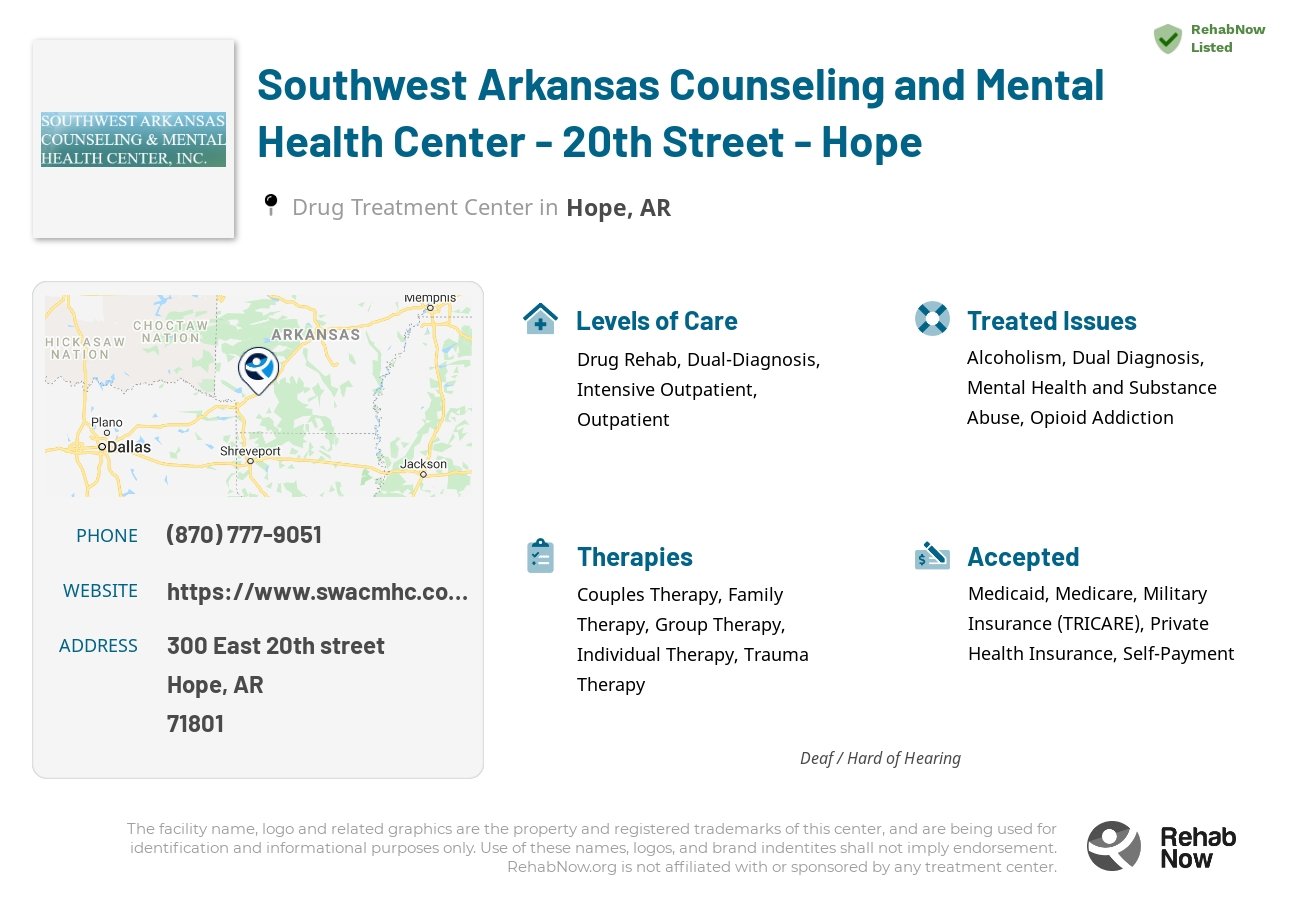 Helpful reference information for Southwest Arkansas Counseling and Mental Health Center - 20th Street - Hope, a drug treatment center in Arkansas located at: 300 East 20th street, Hope, AR, 71801, including phone numbers, official website, and more. Listed briefly is an overview of Levels of Care, Therapies Offered, Issues Treated, and accepted forms of Payment Methods.