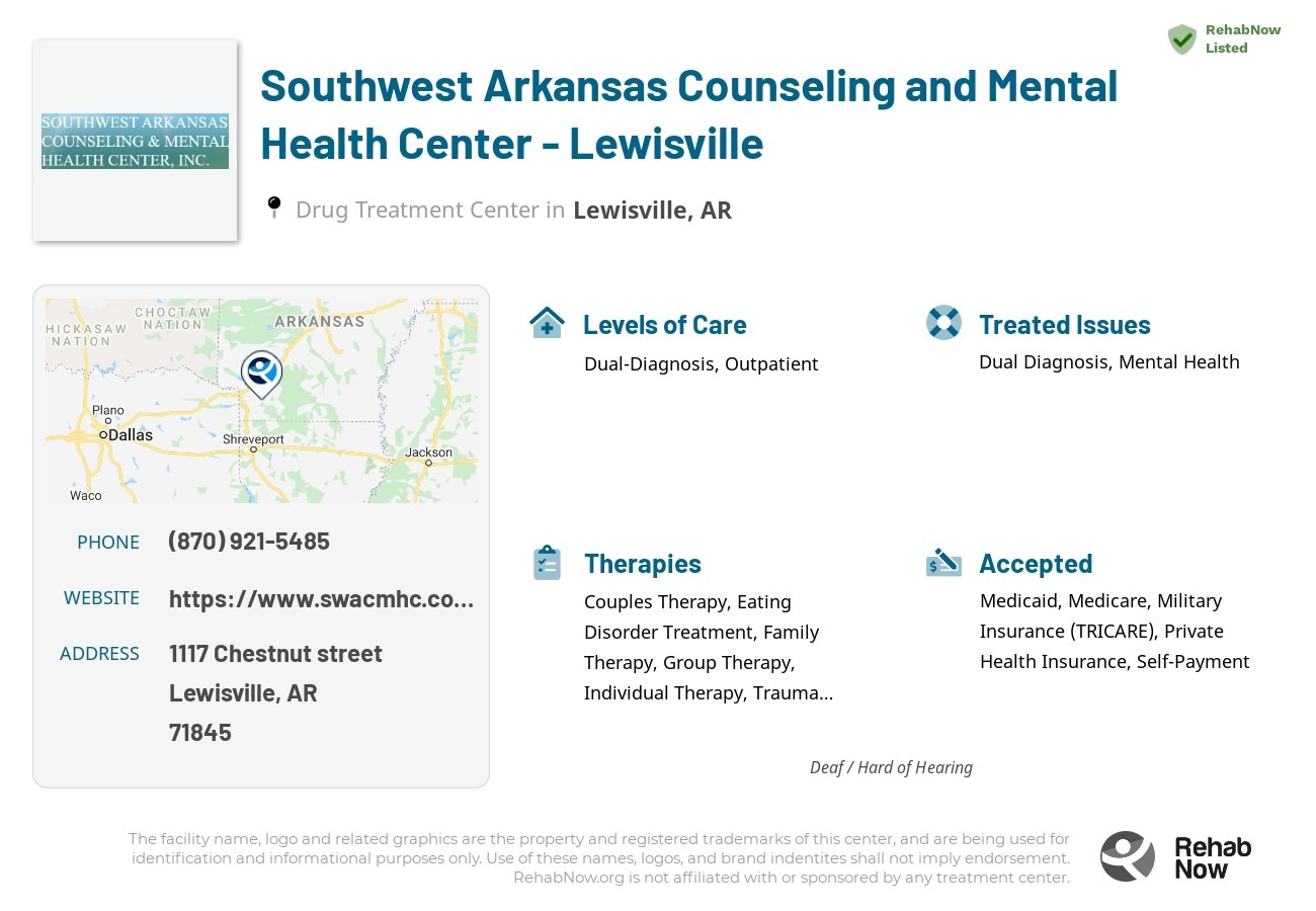 Helpful reference information for Southwest Arkansas Counseling and Mental Health Center - Lewisville, a drug treatment center in Arkansas located at: 1117 Chestnut street, Lewisville, AR, 71845, including phone numbers, official website, and more. Listed briefly is an overview of Levels of Care, Therapies Offered, Issues Treated, and accepted forms of Payment Methods.