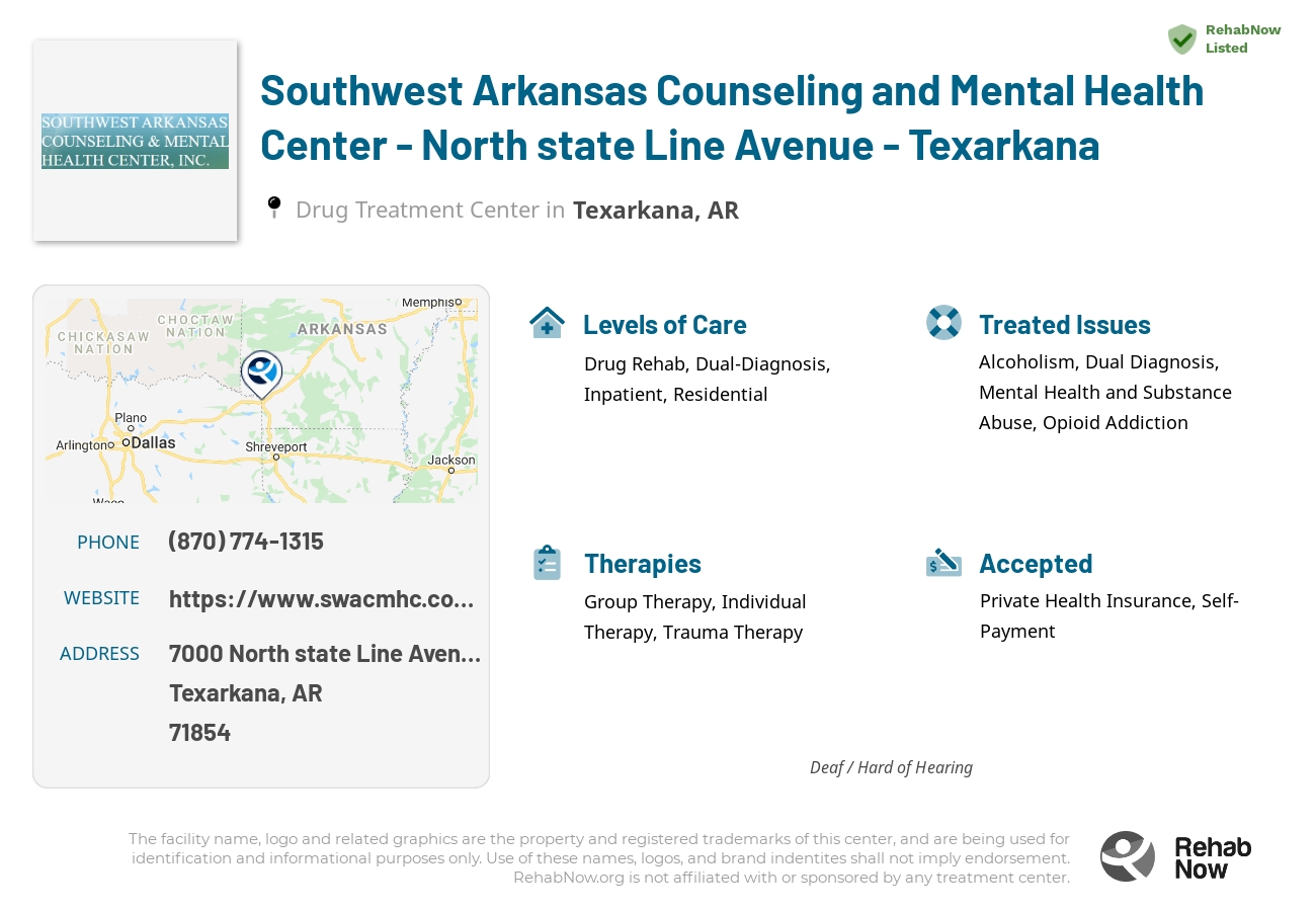 Helpful reference information for Southwest Arkansas Counseling and Mental Health Center - North state Line Avenue - Texarkana, a drug treatment center in Arkansas located at: 7000 North state Line Avenue, Texarkana, AR, 71854, including phone numbers, official website, and more. Listed briefly is an overview of Levels of Care, Therapies Offered, Issues Treated, and accepted forms of Payment Methods.