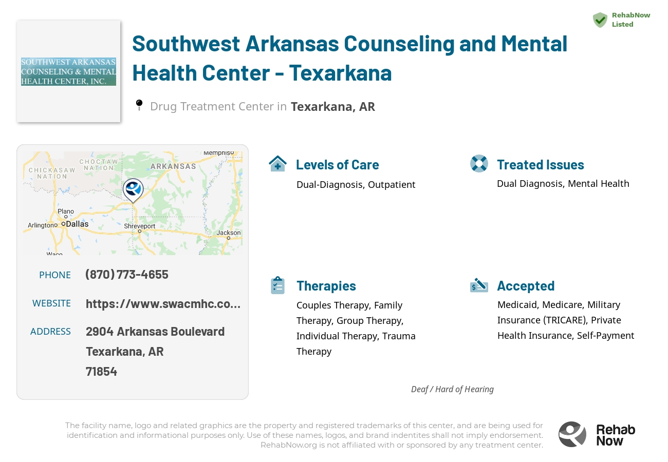 Helpful reference information for Southwest Arkansas Counseling and Mental Health Center - Texarkana, a drug treatment center in Arkansas located at: 2904 Arkansas Boulevard, Texarkana, AR, 71854, including phone numbers, official website, and more. Listed briefly is an overview of Levels of Care, Therapies Offered, Issues Treated, and accepted forms of Payment Methods.