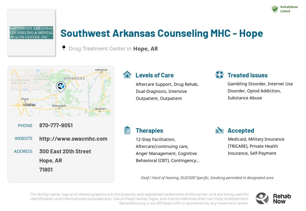 Helpful reference information for Southwest Arkansas Counseling MHC - Hope, a drug treatment center in Arkansas located at: 300 East 20th Street, Hope, AR 71801, including phone numbers, official website, and more. Listed briefly is an overview of Levels of Care, Therapies Offered, Issues Treated, and accepted forms of Payment Methods.